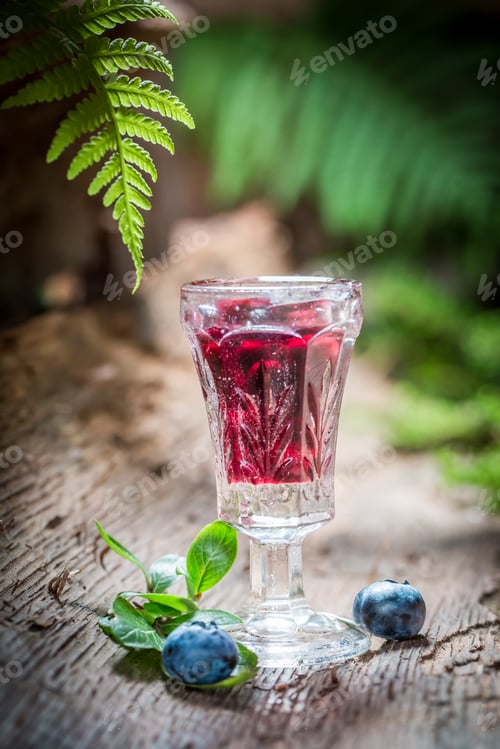 Preview: Liqueur made of alcohol and blueberries in forest