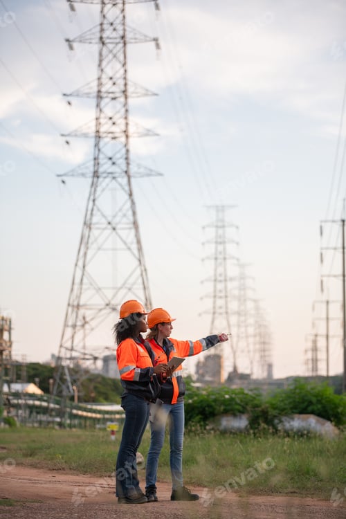 Preview: Engineers wearing safety gear, including hard hats examining survey