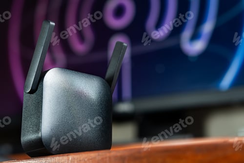 Preview: Black Router with Antennas and Abstract Background
