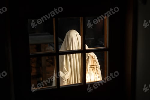 Preview: Scary ghost with glowing Jack o lantern at doors in spooky atmospheric night. Happy Halloween