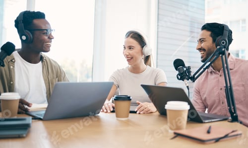 Preview: Men, women and team with laptop, podcast or happy for chat, conversation or opinion on live stream.