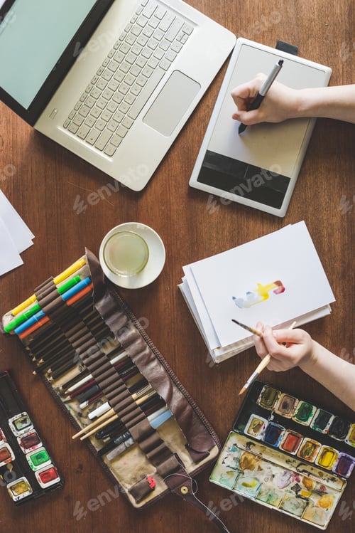Preview: Top view of a illustrator working desk