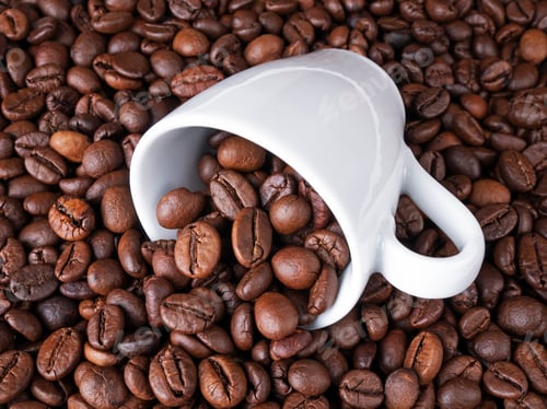 Preview: Cup of coffee full of coffee beans top view