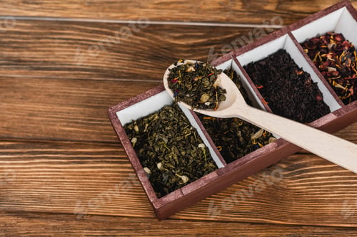 Preview: Top view of dry tea on spoon and box on wooden surface