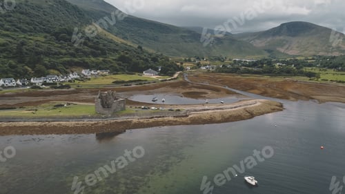 Preview: Landscape of mountains valley village at whisky distillery. Cinematic nobody nature seascape
