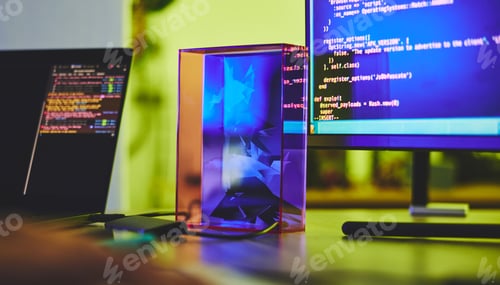 Preview: Computer screen, code and desk with programming, technology abstract with web design or cyber secur