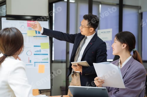 Preview: Business meeting account managers crew working search page on computer with new startup project.