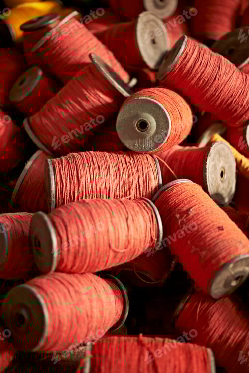 Preview: Close up of red thread bobbins, Thamel, Kathmandu, Nepal