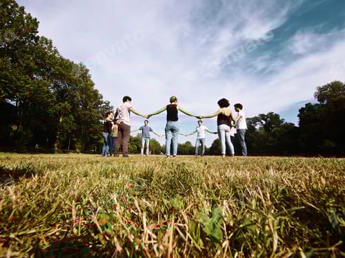 Preview: large group of friends enjoying a summer day at the park, back to school
