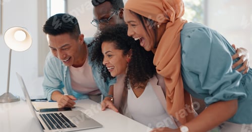 Preview: Winner, teamwork and business people with laptop in celebration for stock trading bonus, profit and