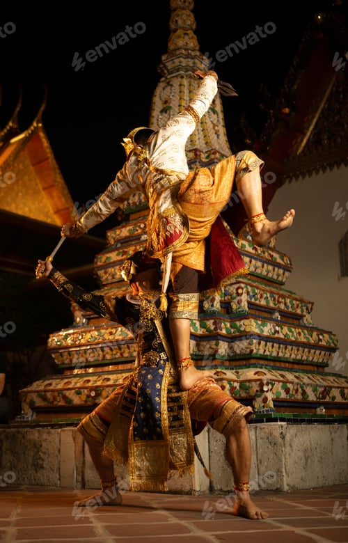 Preview: Close-up of two Thai Khon dancers wearing traditional masks
