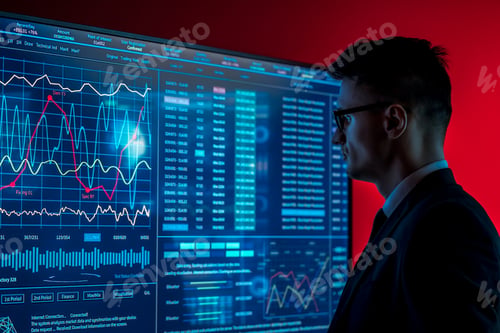 Preview: The man in suit looks on a blue screen with some data
