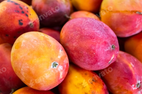 Preview: Stacks Of Mango Fruits In Vivid Red Color At Traditional Marketplace, Taiwan