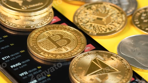 Preview: Physical cryptocurrencies coins and Binance app on a phone