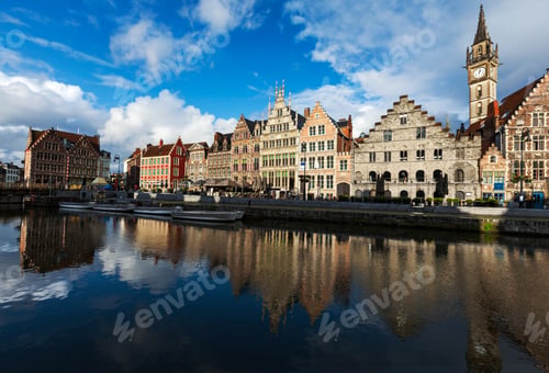 Preview: Ghent canal and Graslei street. Ghent, Belgium