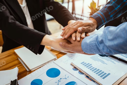 Preview: Group of team creative business people join hands partnership teamwork concept