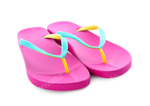 Preview: Pair of stylish pink flip flops isolated on white. Beach object