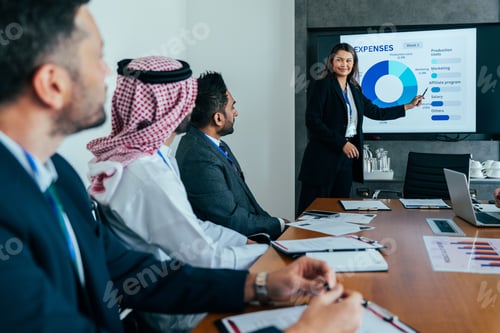 Preview: Multiethnic business team meeting in dubai office discussing financial expenses