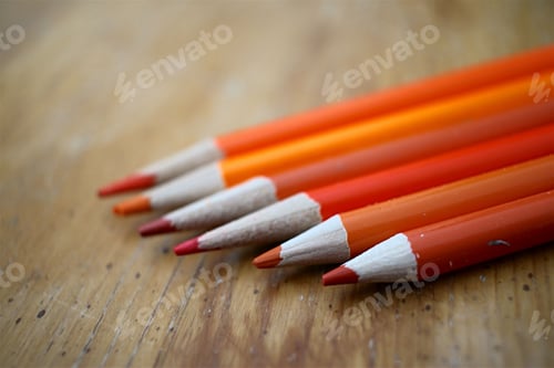 Preview: Varied colors or orange colored pencils in a row on a wood surface.