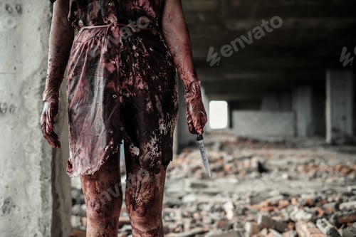 Preview: Ghost nurse woman or zombie holding the knife with resentment and malice in the building abandoned h