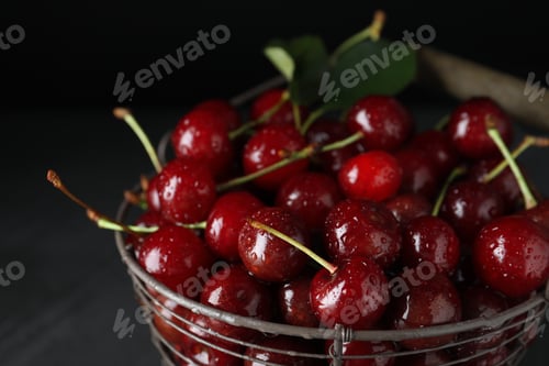 Preview: Sweet juicy cherries with water drops on dark background, closeup