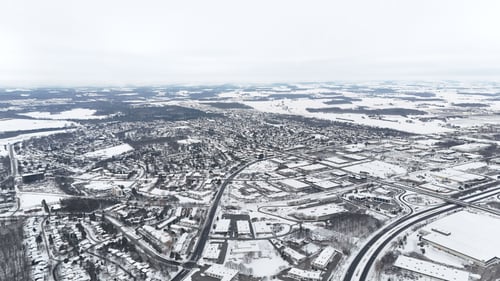 Preview: Aerial view of Kitchener, Ontario, covered in snow during winter