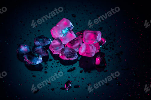 Preview: close up of pink melting ice cubes on black with drops