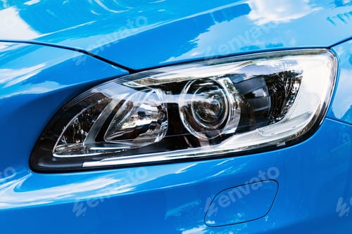 Preview: Modern car headlight, Blue car exterior detail