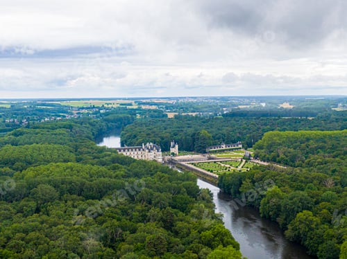 Preview: Aerial view over Chenonceau castle, Loire valley, France, Sologne