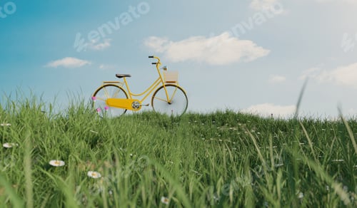 Preview: yellow bicycle at field grass hill, safe earth and environment protection concept