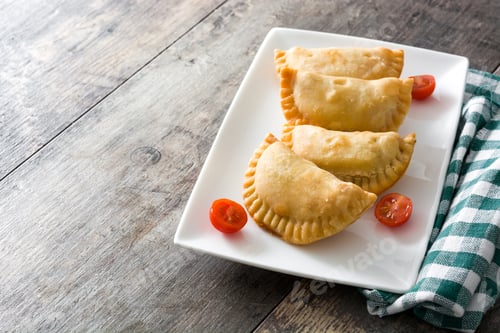 Preview: Fried argentinian empanadas on a white plate with cherry tomatoes, displayed on rustic wooden table