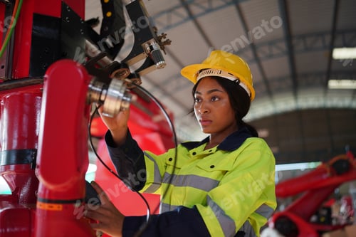 Preview: Robotics engineer working on maintenance of robotic arm in factory warehouse. Business technology.