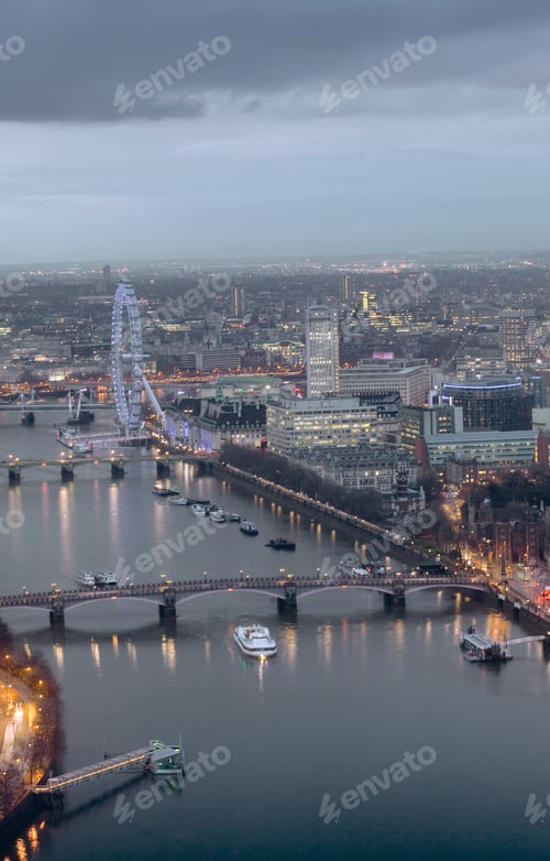 Preview: Aerial view of The Thames and London Eye at sunset, London, UK