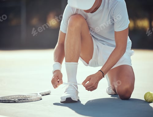 Preview: Exercise, tennis and a man tying his shoes on a court before a match. Summer fitness, sport trainin