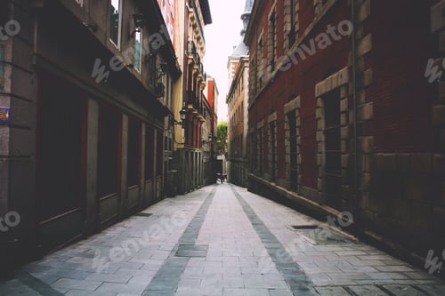 Preview: Urban scene. Europe architecture. Downtown. Depth of field. Vanishing point. Stone path.
