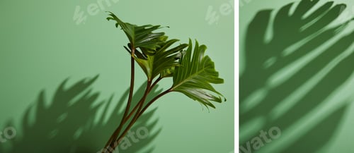 Preview: collage of fresh tropical green leaves on green background with shadow