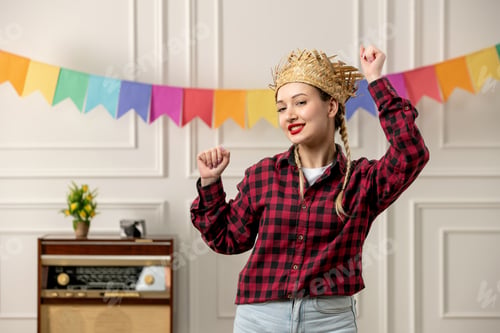 Preview: festa junina cute girl in straw hat brazilian midsummer with retro radio colorful flags dancing