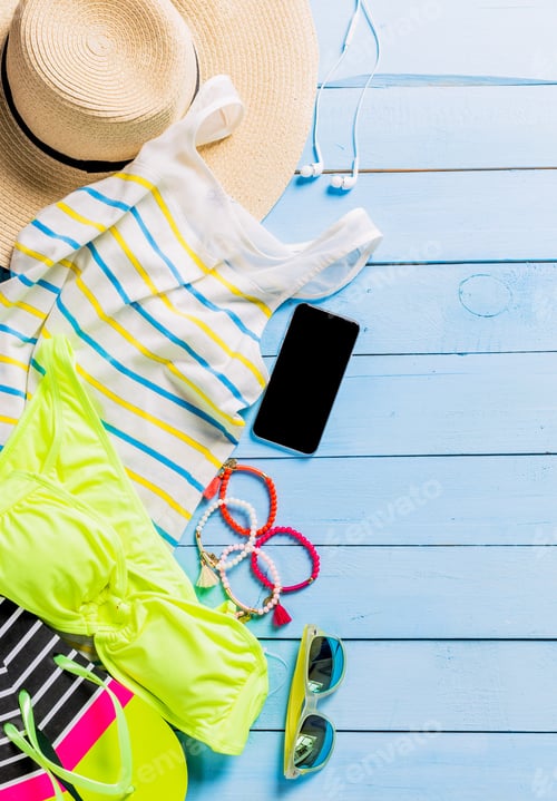 Preview: Beach accessories with yellow swimming suit,sunglasses and flip flops