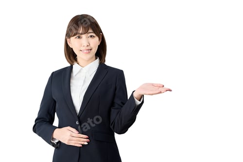 Preview: Asian business woman making an introduction on white background