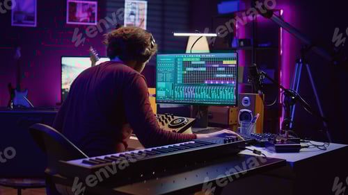 Preview: Music engineer using usb stick to edit and add sound effects on audio recording