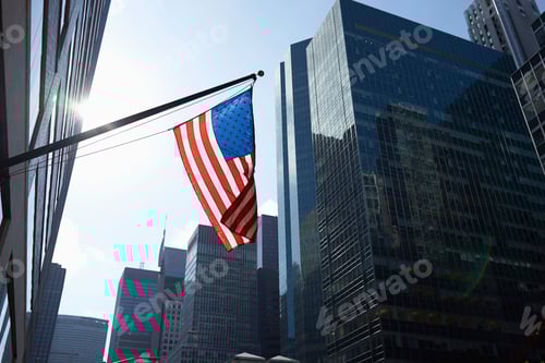 Preview: American flag and office buildings, Manhattan, New York, USA