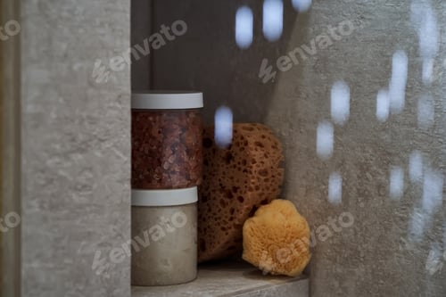 Preview: Body care products (scrubs and a natural washcloth) on the shower shelf.