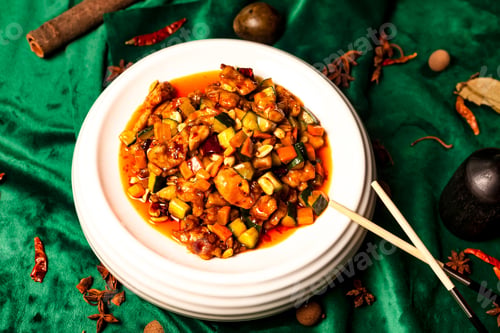Preview: Kung Pao Delights and Oriental Spice on Emerald Green Velvet Surface