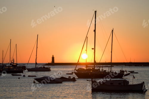 Preview: Anchored yachts in port at sunset, Andratx, Majorca, Spain