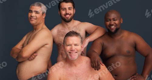 Preview: Portrait, body positivity and male friends in underwear with confidence, inclusion and unique ident