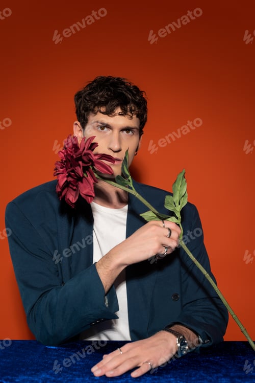 Preview: Stylish young man in blazer holding burgundy dahlia flower on red background