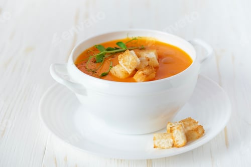 Preview: Pumpkin soup with croutons on white wooden background. Close up