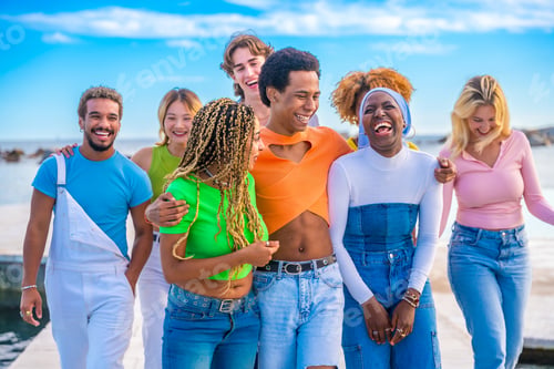 Preview: Happy multi-ethnic friends embracing while walking along a promenade