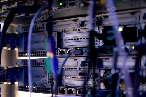 Preview: a bunch of patch network cables sorted in a rack cabinet leading from a patch panel in a server rack