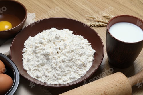 Preview: Rolling pin and ingredients for dough on wooden table, closeup